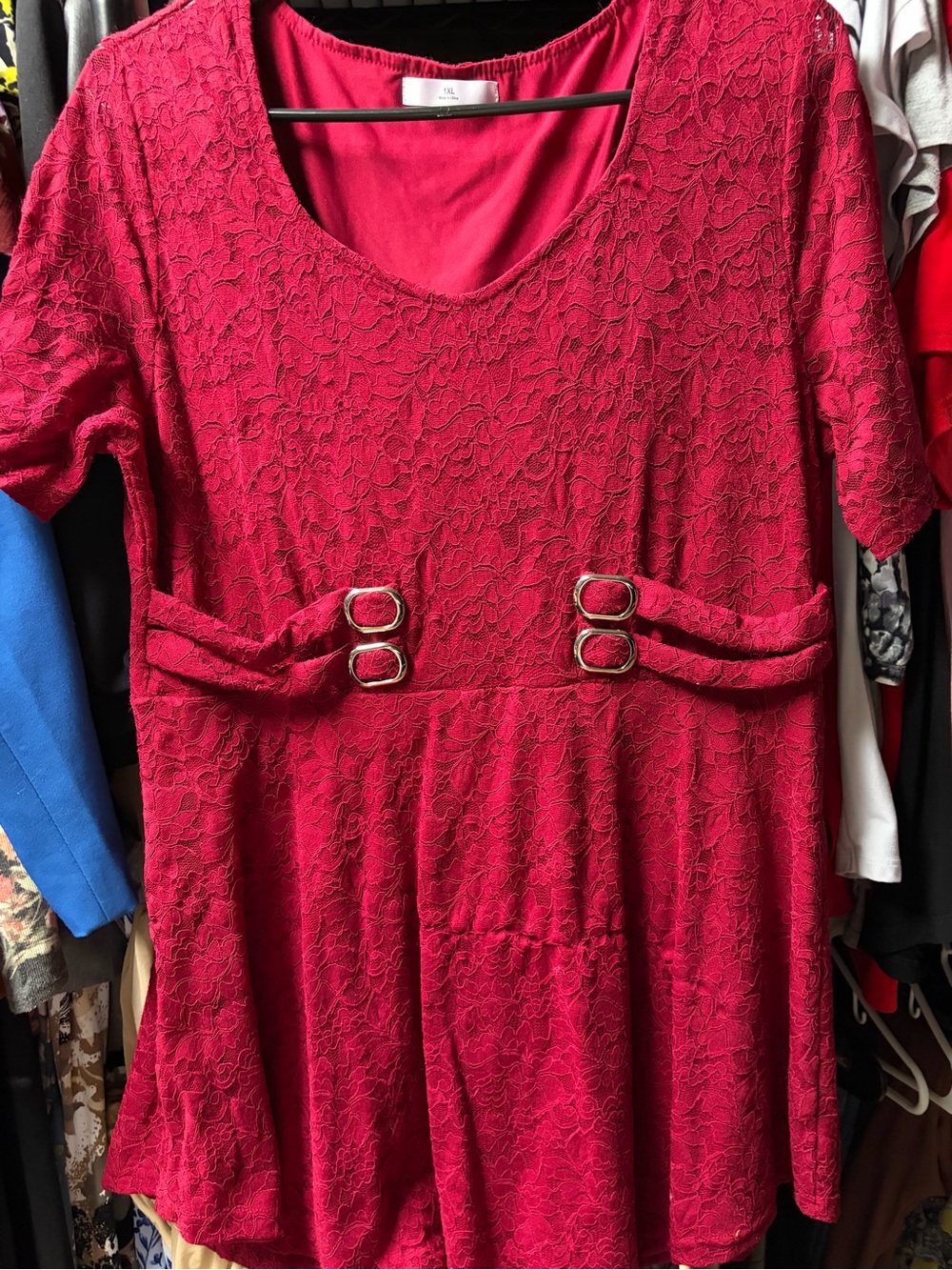 Rosegal Red Lace Short Sleeve Blouse with Buckle Accents